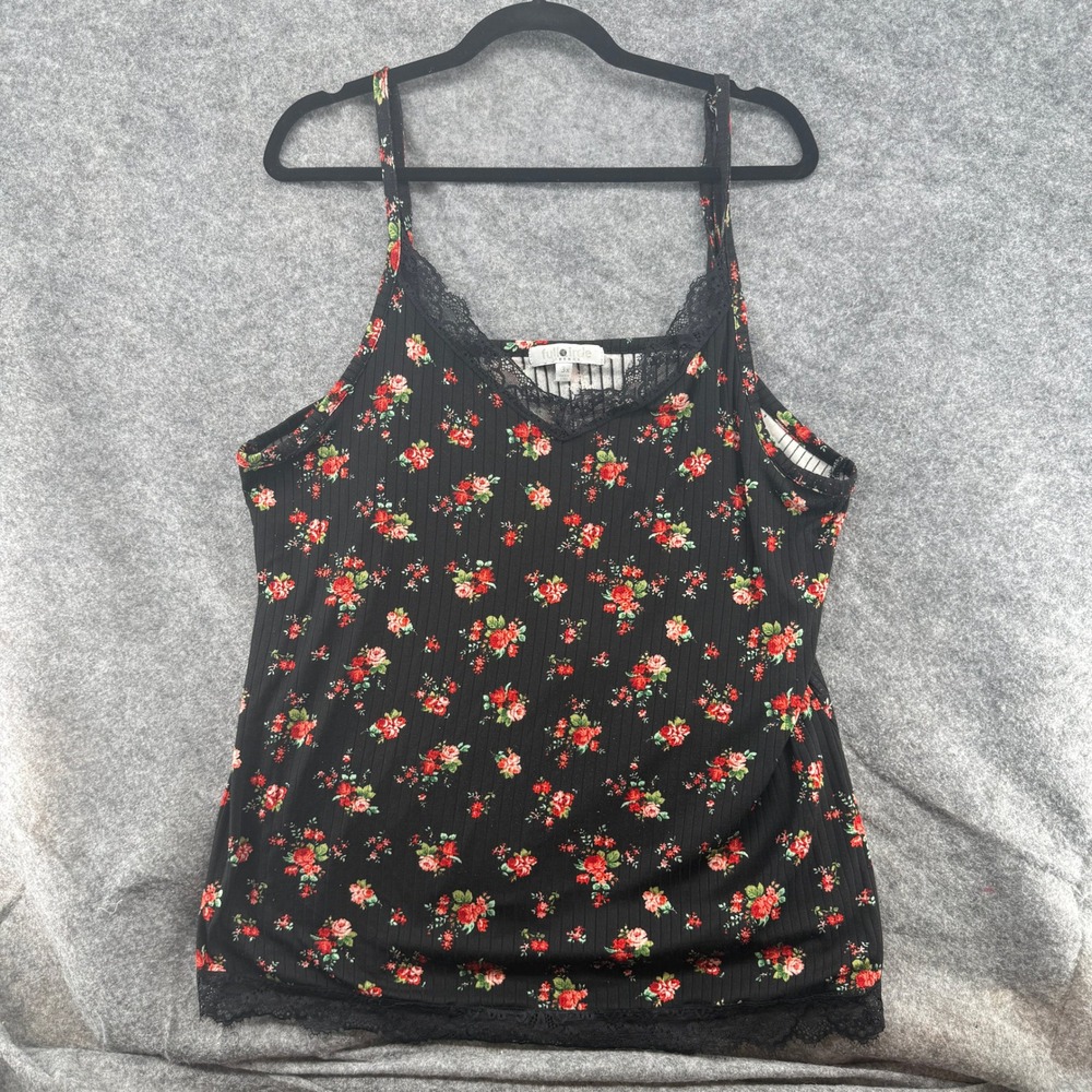 Full Circle Trends Cami Top Womens 3X Black Floral Lace Trim Ribbed Knit Tank